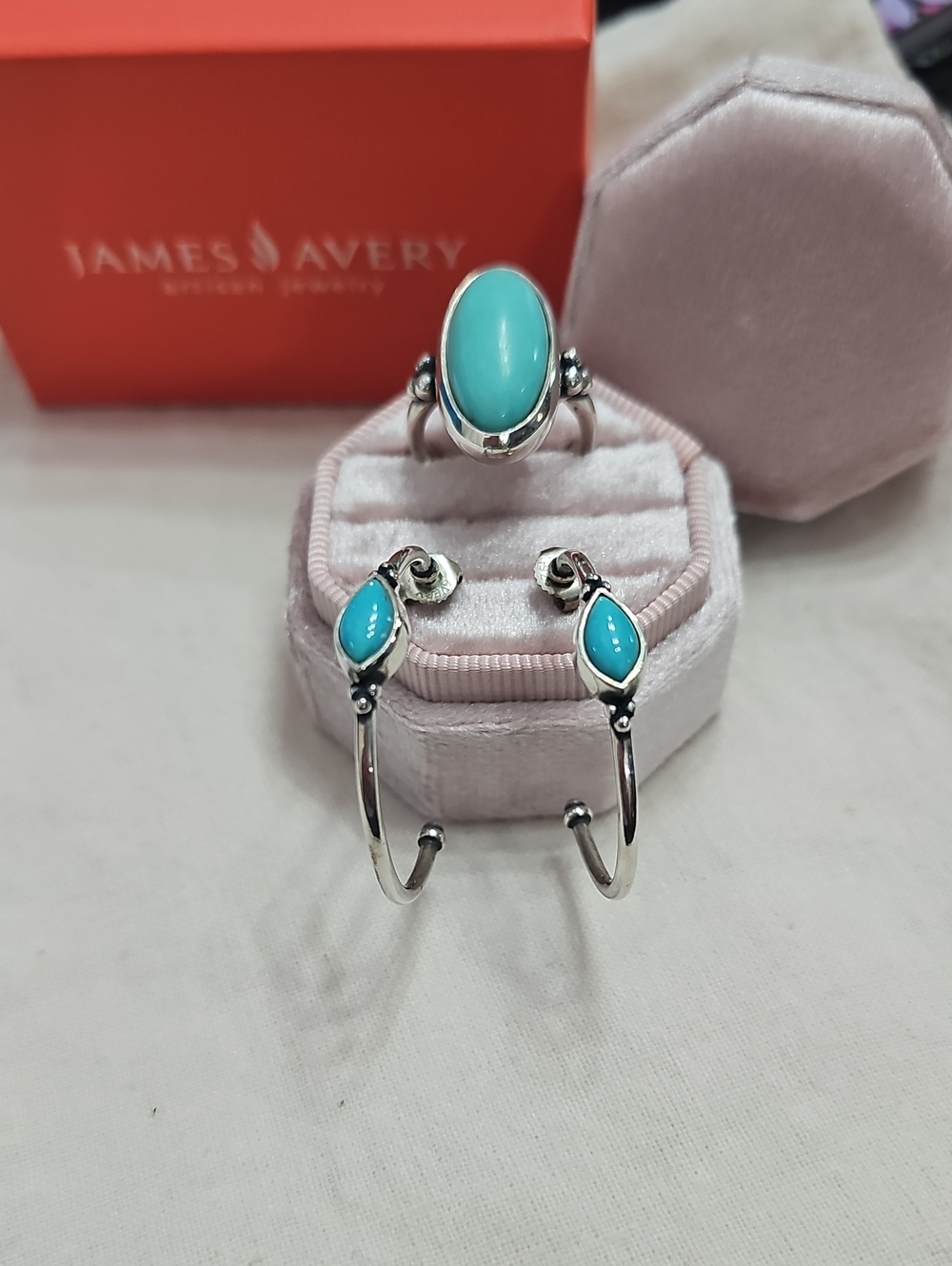 Retired James Avery Sterling Silver Adela Turquoise Hoop Earrings and Ring Set